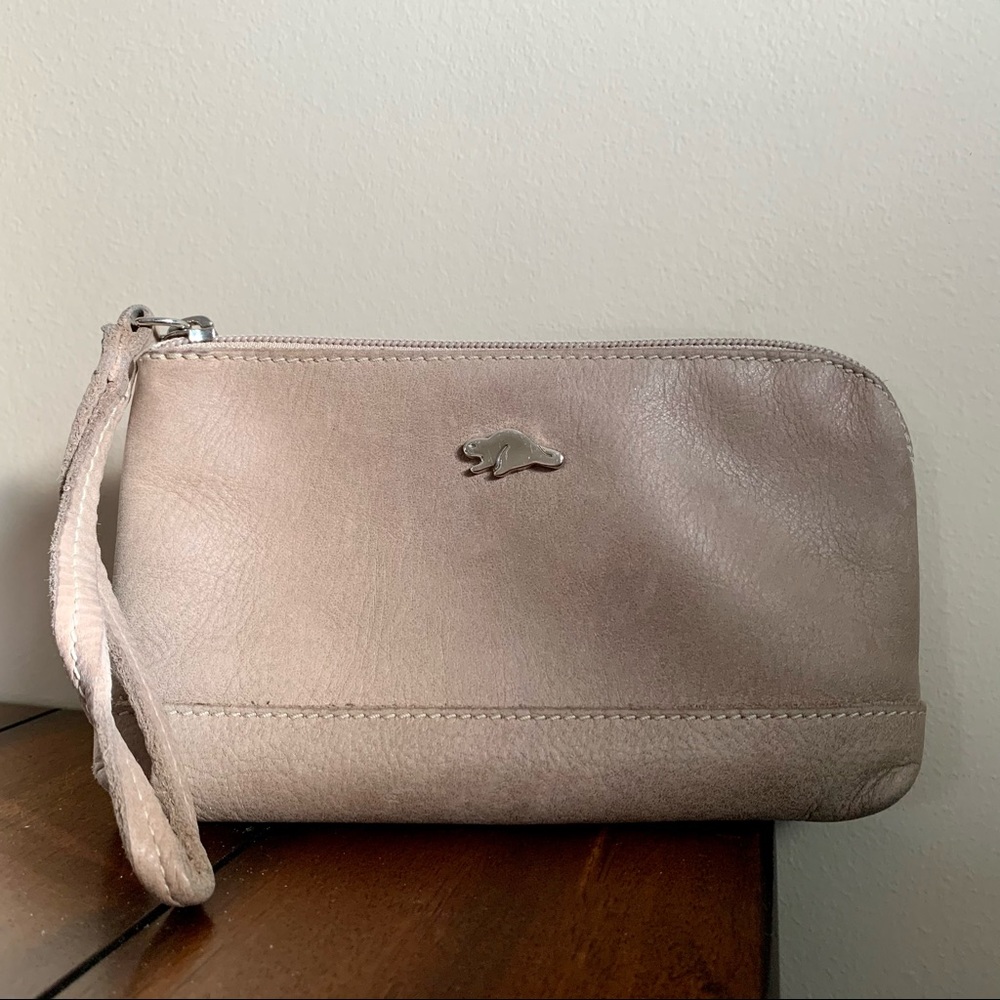 Tan leather Roots Wristlet pouch with silver tone hardware
